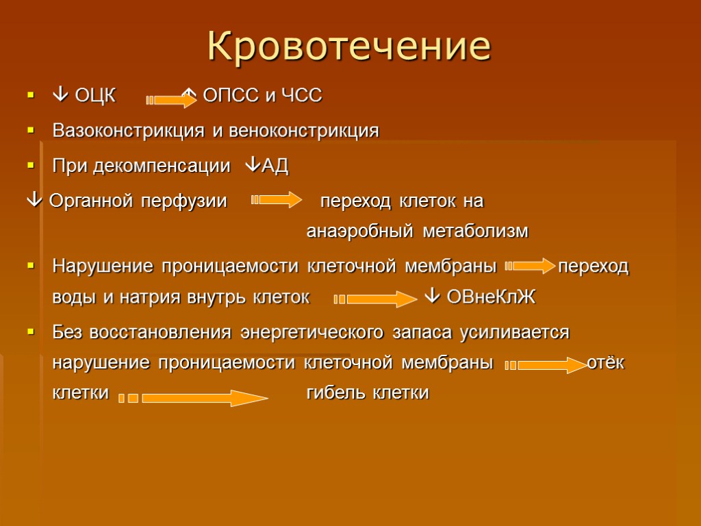 Кровотечение  ОЦК  ОПСС и ЧСС Вазоконстрикция и веноконстрикция При декомпенсации АД 